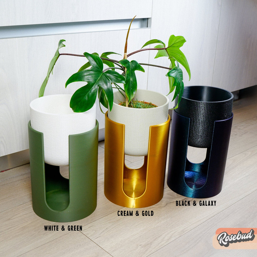Modern Elevated Planter and Plant Stand Set - 2 - Piece Plant Pot with Drainage in Multi Colors & Sizes, Mid - Century Modern Indoor Plant Stand - HearthHub