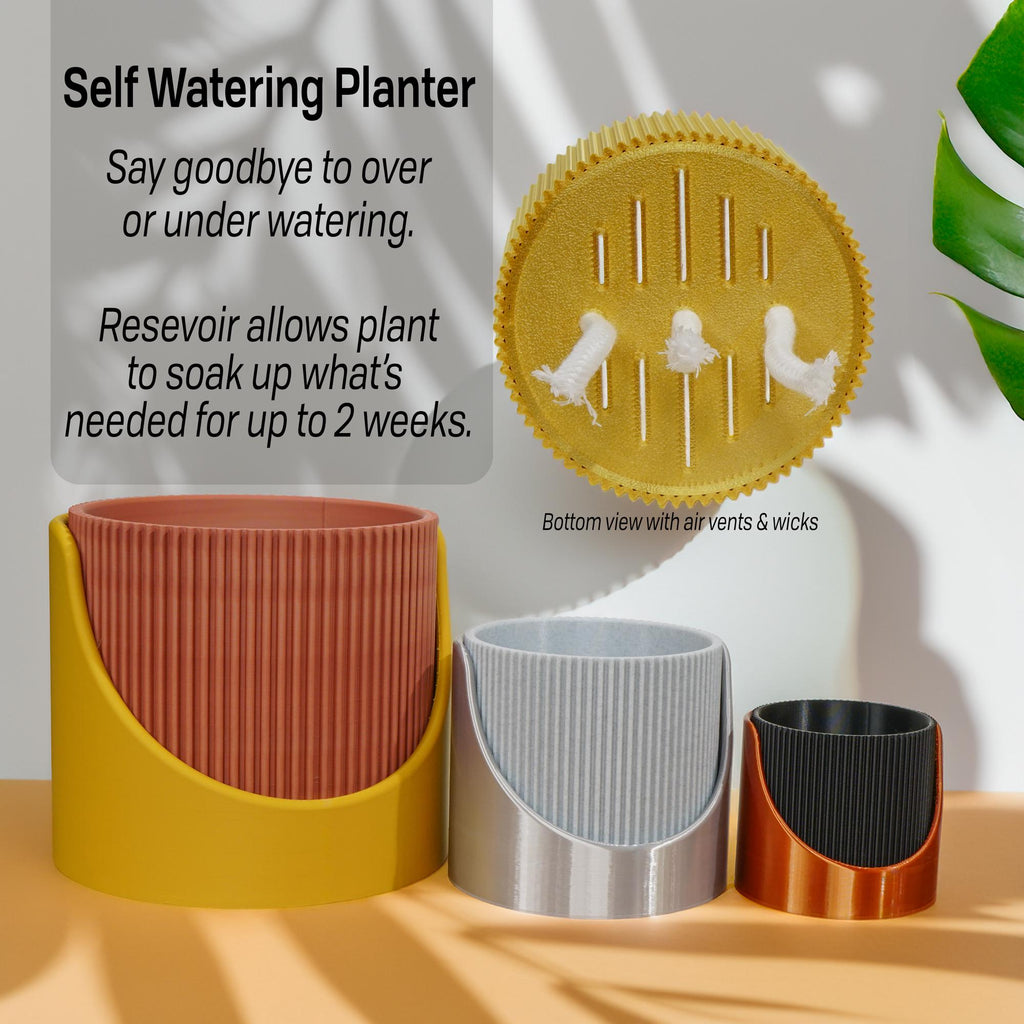 4 Inch Self Watering Planter, Large Indoor Outdoor Plant Pot with Drainage, Terracotta, Green, Beige, Modern Ribbed Design - HearthHub