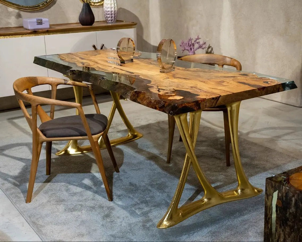Natural Epoxy Side Dining Table Made Of Linden Wood | Aluminum Legs Featured - HearthHub