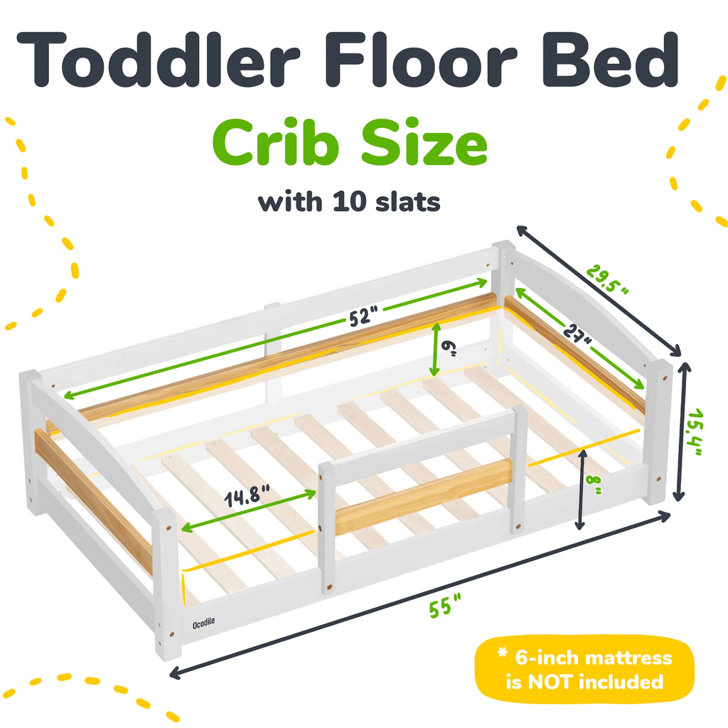 Crib Size Wooden Floor Bed Frame with Rails for Toddlers Age 1–3 - HearthHub