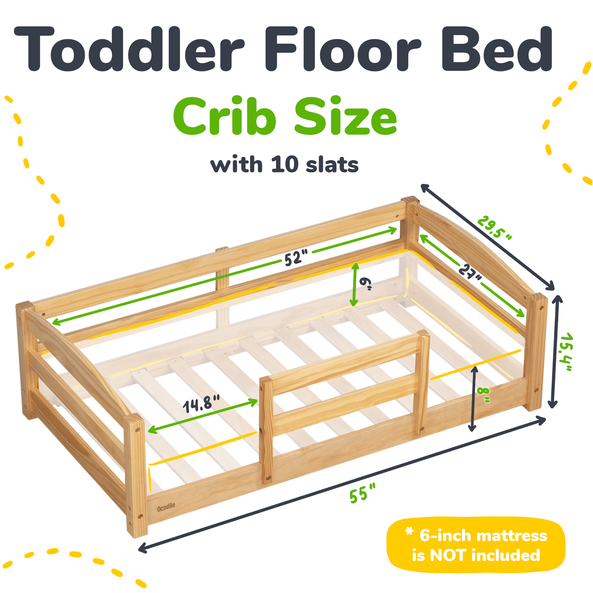 Crib Size Wooden Floor Bed Frame with Rails for Toddlers Age 1–3 - HearthHub