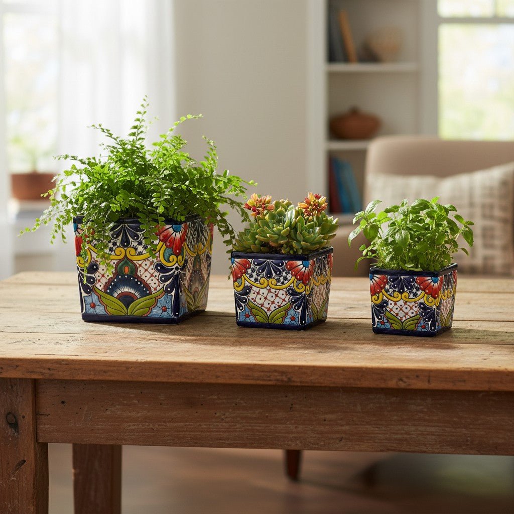Set of 3 Hand - Painted Talavera Square Planters Set | Floral Pots - HearthHub
