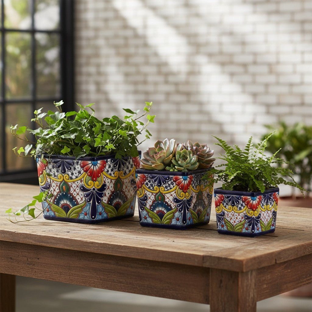 Set of 3 Hand - Painted Talavera Square Planters Set | Floral Pots - HearthHub
